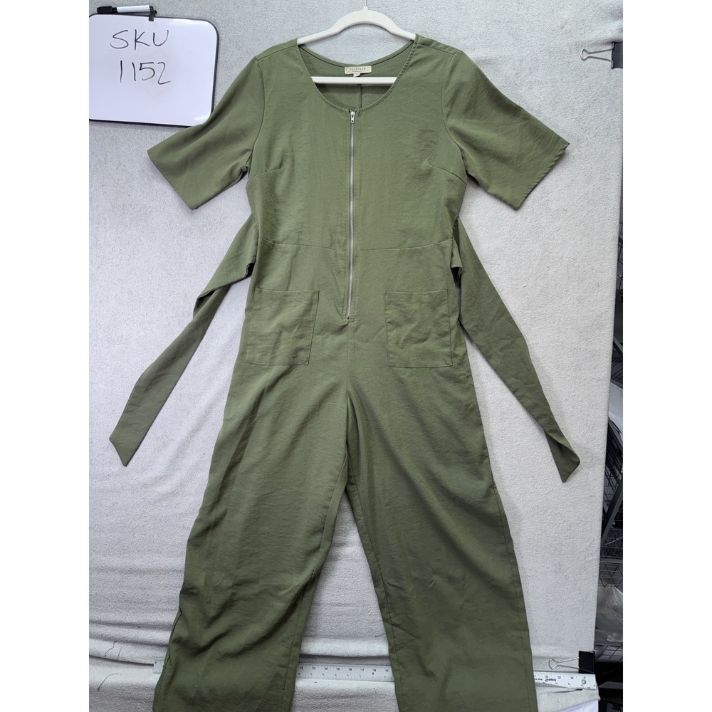 Polagram Jumpsuit Womens Medium Green Short Sleeve Zip Front Tie Waist PSP4152